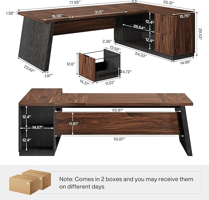 Tribesigns 78" L Shaped Executive Desk, Large Office Desk with Drawers and Storage Shelves, Modern Corner Computer Table Business Furniture for Home Office (Black & Brown)