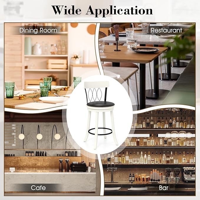 COSTWAY Bar Stools Set of 2, 26” Seat Height Swivel Barstools with Ergonomic Backrest, Soft Cushion & Footrest, Rubber Wood Counter Height Bar Chairs Upholstered Dining Chairs for Kitchen Island