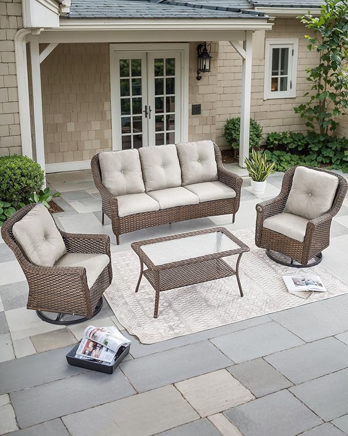 Patio Couch Outdoor Wicker Sofa - Heavy Duty All-Weather Brown Rattan 3-Seater with High Back and Comfortable Thick Cushions for Garden Back Porch Poolside Apartment - Beige