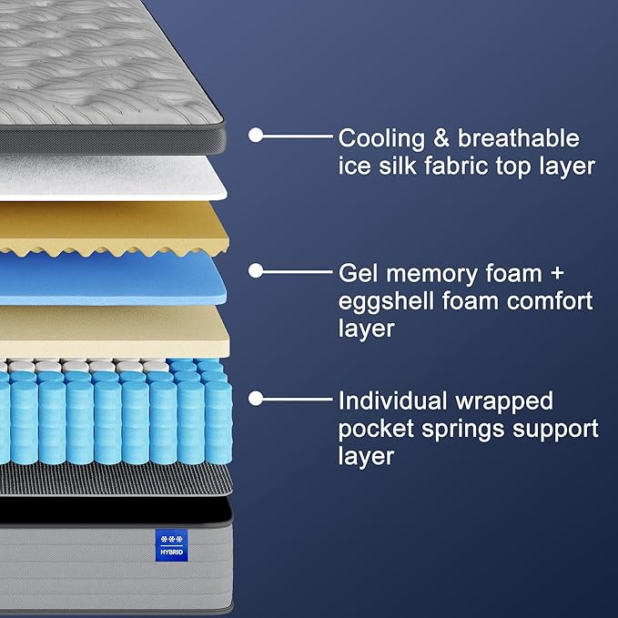 Firm Queen Size Mattress 12 Inch Hybrid Queen Mattress with Gel Memory Foam-Cooling Ice Silk Top, Support&Back Pain Relief, Individual Pocket Spring, CertiPUR-US Certified Mattress in a Box