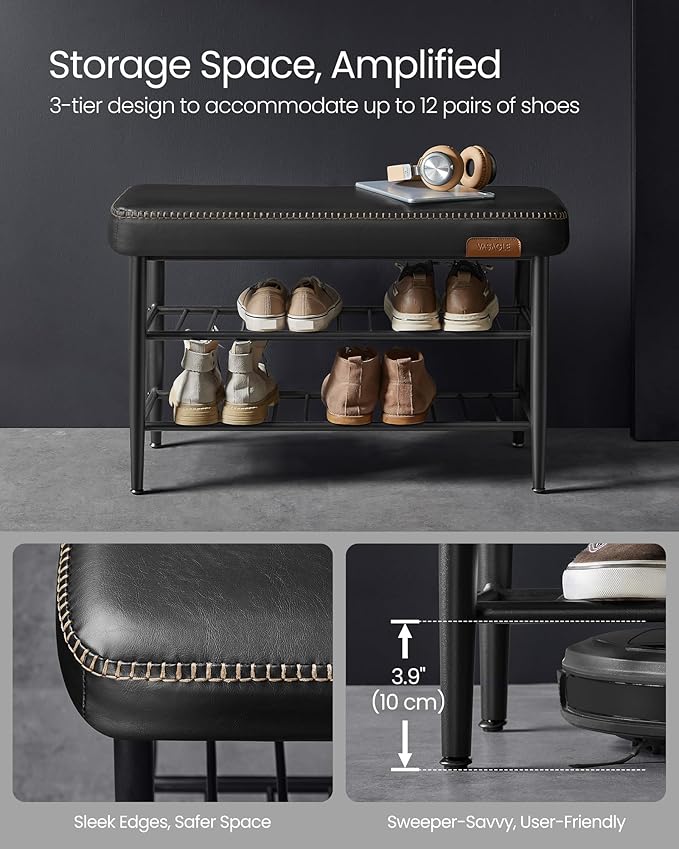 VASAGLE EKHO Collection - Shoe Rack Bench, Storage Bench for Entryway, Synthetic Leather with Stitching, Mid-Century Modern, Loads 300 lb, 11.8 x 31.5 x 19.7 Inches, Ink Black ULSB054B01