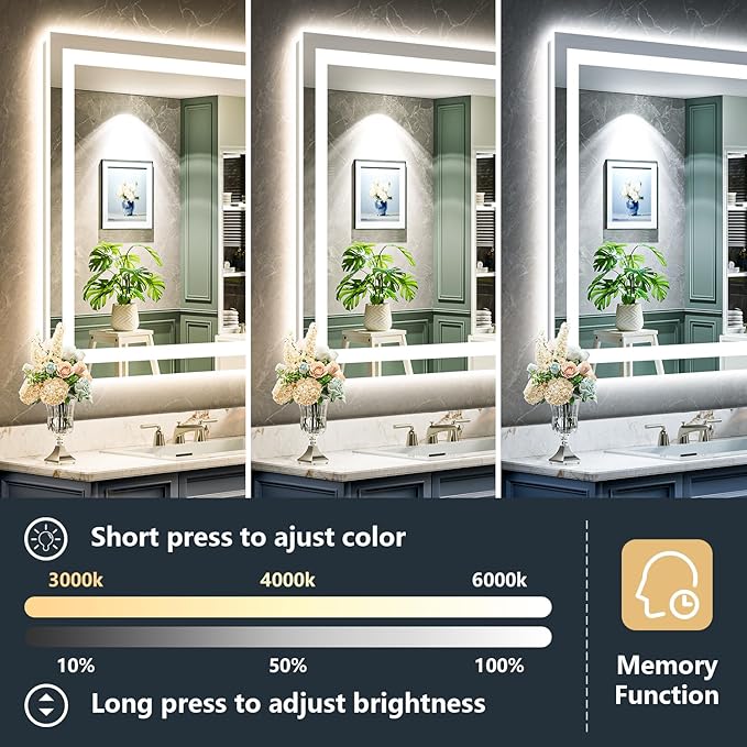 20x28 Inch LED Bathroom Mirror with Lights Front and Backlit Lighted Vanity Mirror for Bathroom Wall with 3 Colors Dimmable Anti-Fog Memory Shatter-Proof IP54 Waterproof Horizontal/Vertical