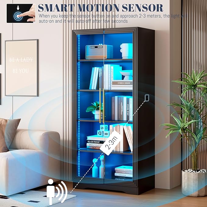 Vlsrka 65" File Cabinet, Filing Cabinets Fit Letter/A4 Size, Storage Cabinet with Doors & Lights, Tall File Bookcase with 2 Adjustable Shelves for Home Office, Living Room, Black