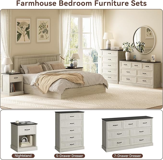 CARPETNAL Farmhouse Dresser and Nightstand Sets for Bedroom, 4 Pcs Bedroom Set, 5 Drawer & 7 Drawer Dresser and Nightstand Set of 2, Wood Chest of Drawers for Living Room, Entryway, White