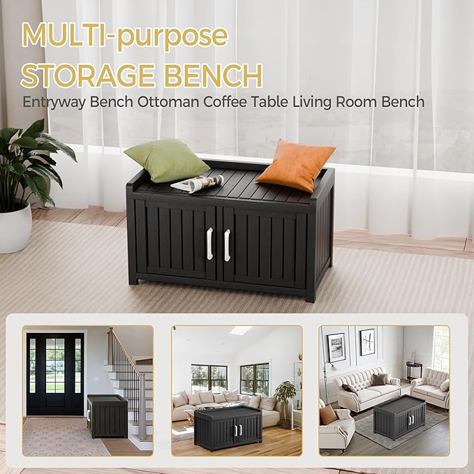 Storage Bench - 2 Doors Waterproof Resin Shoe Bench with Adjustable Shelves - Indoor & Outdoor Use, Entryway Bench with Seating for Bedroom, Living Room, Hallway - Black