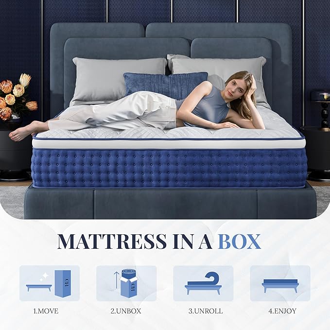 Queen Size Mattress, 10 Inch Queen Size Hybrid Mattresses in a Box, Medium Feel Foam and Individual Pocket Springs, Fiberglass Free Bed Mattress, Extra Edge Support, Pressure Relief, CertiPUR-US, Blue