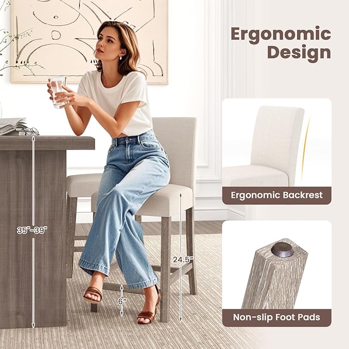COSTWAY Counter Height Bar Stools Set of 4, 24.5’’ Upholstered Mid Century Modern Island Chairs with Rubber Wood Legs, Wooden Barstools for Kitchen, Dining Room, Bar, Restaurant (Beige)