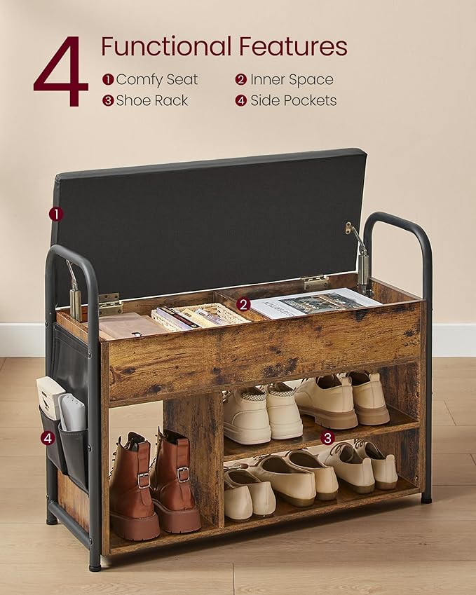 VASAGLE Shoe Bench, Shoe Rack, Entryway Furniture, Inner Storage Under The Lid, PU Pockets, Convenient Handles, for Entryway, Living Room, Bedroom, Rustic Brown and Ink Black ULSB052K01
