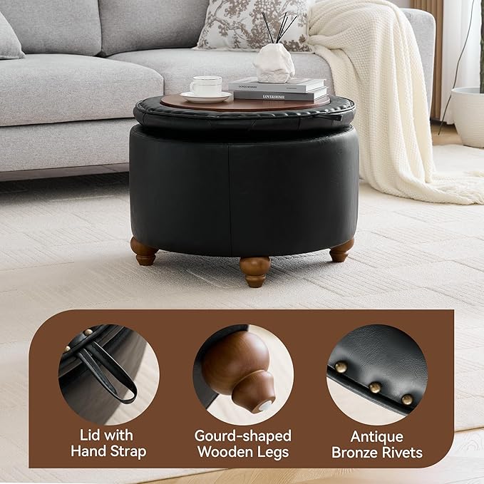 24Inch Round Storage Ottoman with Tray, Modern Tufted Leather Circle Coffee Table with Storage, Upholstered Ottoman with Removable Top for Living Room, Bedroom, Leather Black