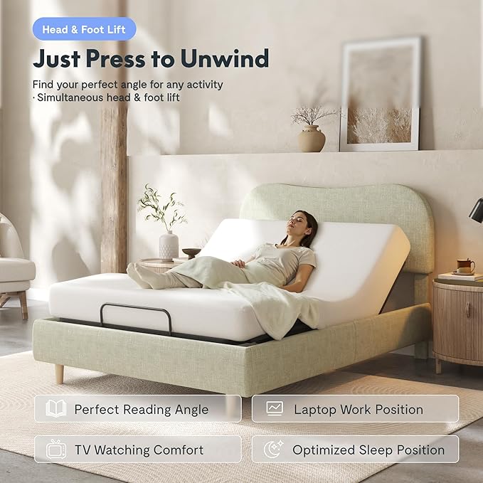 FLEXISPOT Queen All-in-One Adjustable Bed with Linen Upholstered Bed Frame, Soft Cloud Bed with Head & Foot Incline, Adjustable Headboard, Thick Foam Padding, 10-Year Warranty, Easy Assembly, Sage