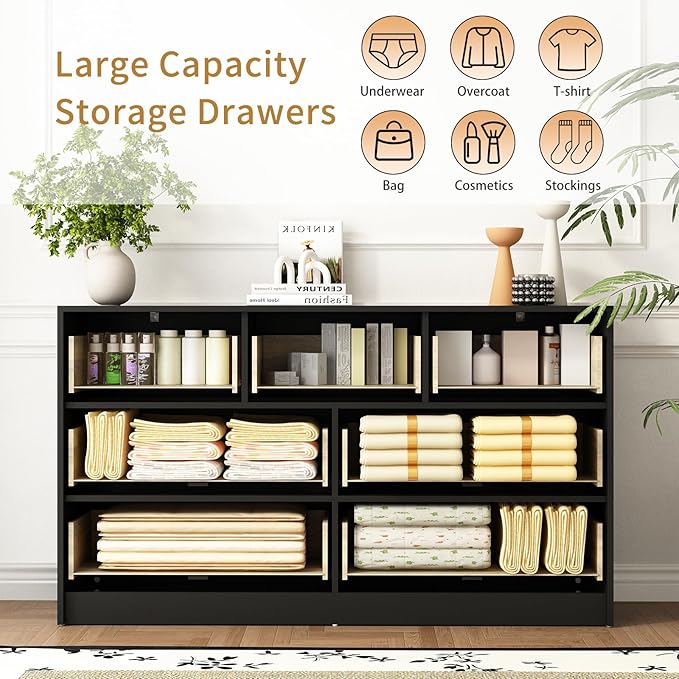 7 Drawers Dresser for Bedroom,55" Wide Fluted Dresser with Deep Drawers, Modern Chest of Drawers, Wood TV Stand Storage Organizer for Closet, Living Room, Hallway, Black