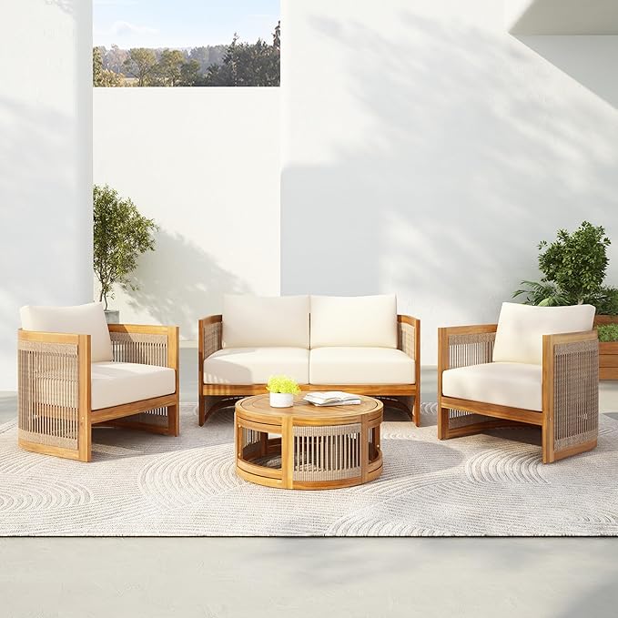 Christopher Knight Home Nesbit 4 Pieces Conversation Set, Acacia Wood Chat Set, Woven Rope Loveseat and Accent Chairs, Slat Panel Coffee Table, Patio Furniture Set for Backyard Balcony Garden, Beige