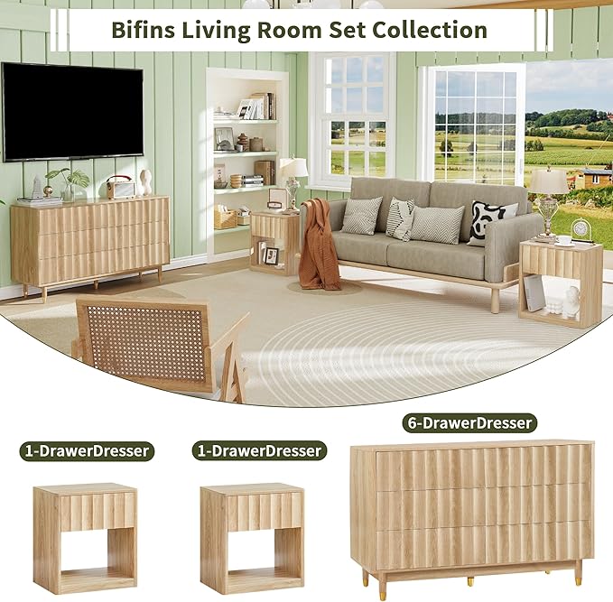 Fluted Dresser, Small Nightstands Set of 2, Natural Bedside Table with Drawer and Storage, Mid Century Modern Side Table for Bedroom Living Room Sofa