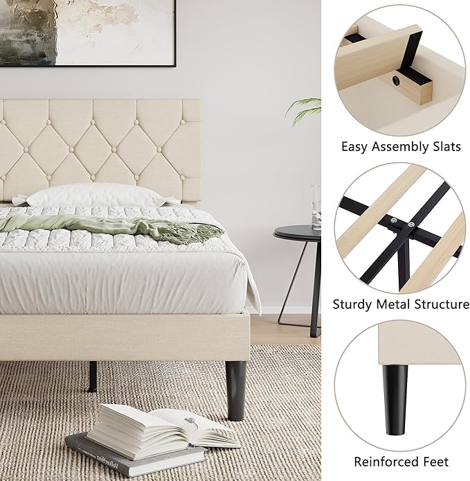 VECELO Twin Size Bed Frame with Button Tufted Headboard, Upholstered Platform Bedframe with Wood Slat Support, No Box Spring Needed, Cream Beige