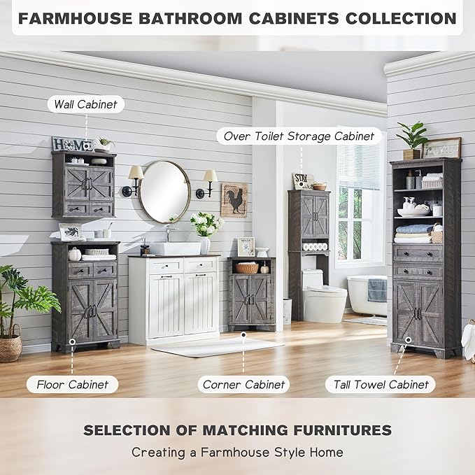 ACCOHOHO Bathroom Wall Cabinet, Farmhouse Medicine Cabinet, 24" Wide Cabinet with Drawer, Adjustable Shelf, Double Barn Doors, Storage Cabinet for Bathroom, Kitchen, Living Room, Grey Wash