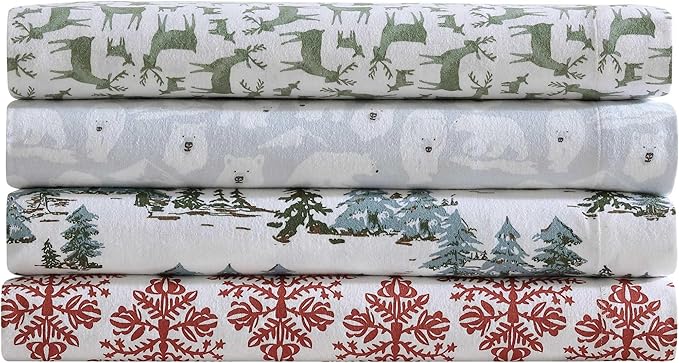 Eddie Bauer - Flannel Sheets King Size, Anti-Pilling & Wrinkle Resistant Cotton, Touchably Soft for All-Season Comfort - Bed Sheets with Matching Pillowcases & Fitted Sheet (Jolly Trees Red)
