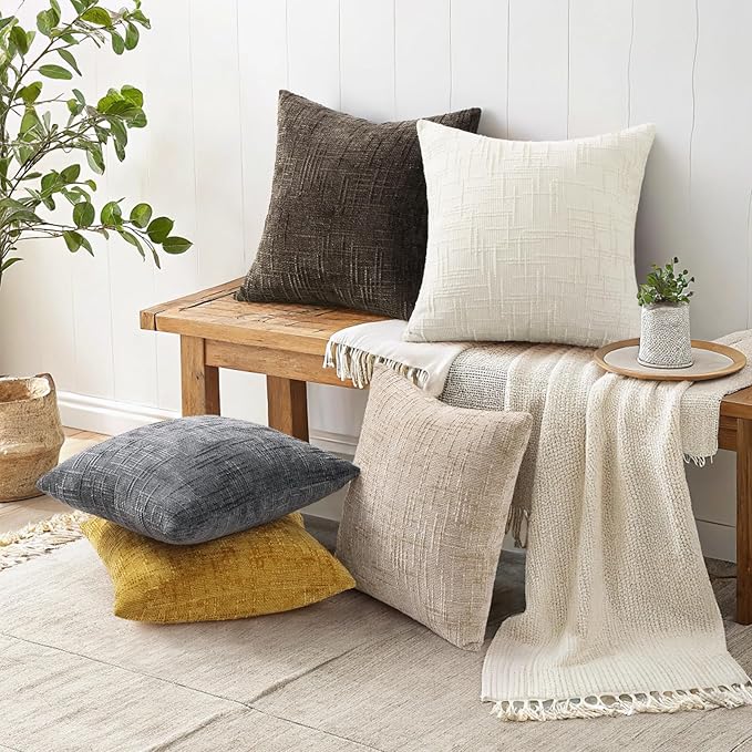 decorUhome Dark Brown Chenille Throw Pillow Covers 22x22 Set of 2 Thick Textured Slubby Couch Pillow Covers Farmhouse Accent Modern Neutral Decorative Pillow Cases for Bed Sofa Living Room
