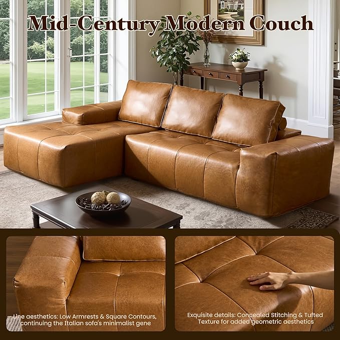 114" Boneless Couches for Living Room, Brown Faux Leather Cloud Sectional Couches with Chaise, Deep Seat L Shaped Modular Sofa, No Assembly Required Sofas in a Box (Left,Faux Leather,Brown)