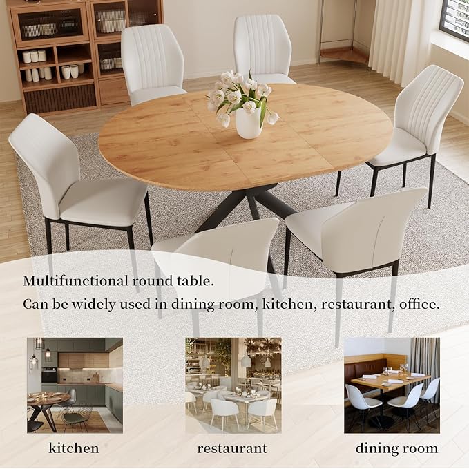 43.2"-59.1" Extendable Round Dining Table Set, Kitchen Table for 4-6 Person with Scratch-Resistant Thickened MDF Board, Oak Coffee Table w/Metal Legs