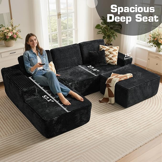 106" Cloud Sectional Couch with L-Shape Chaise & Ottoman, No Assembly Modular Sofa, Deep Seat Plush Corduroy Boneless Couched for Living Room (Black Plush Corduroy, Left Facing Chaise with Ottoman)