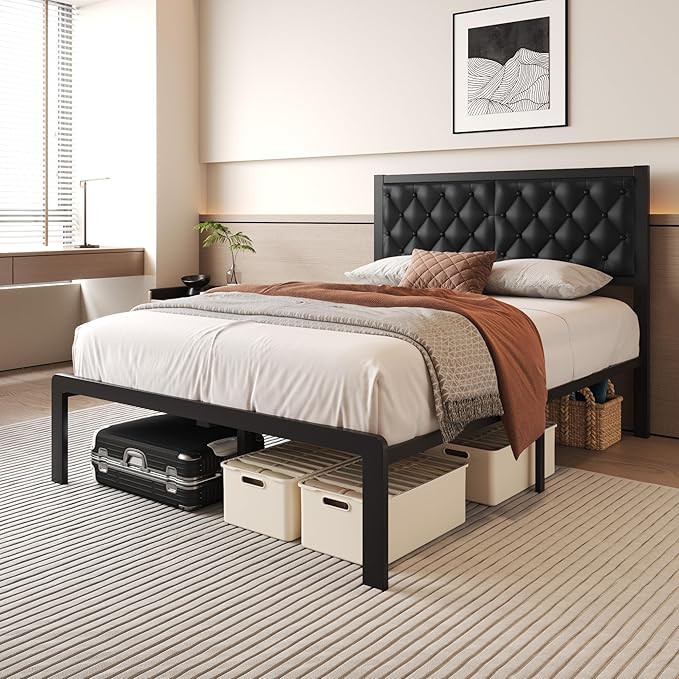 Full Bed Frame with Headboard PU Leather Upholstered Bed Frame Platform,All Metal Slats Support Platform Bed Frame with Storage Space,Easy Assembly,Noise Free,No Box Spring Needed,Black