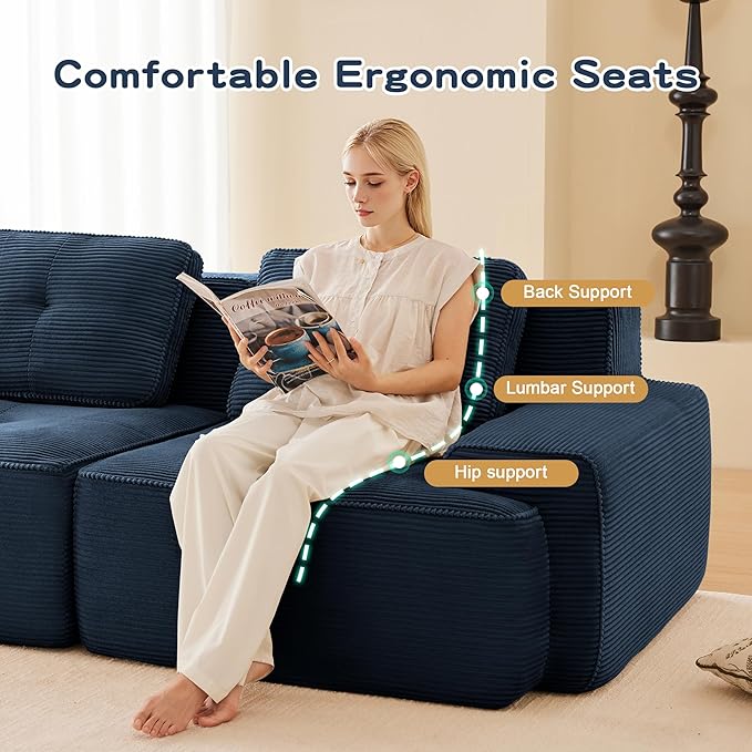 115.3” Blue Boneless Couches for Living Room, Modular Sectional Sofa with U-Shape Chaise, 3 Seater Comfy Upholstered Deep Seat Corduroy Fabric Cloud Couch No Assembly, Anti-Slip Design