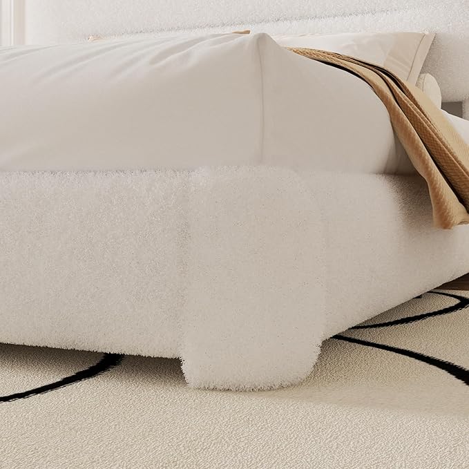 Full Size Cloud Bed Frame, Upholstered Boucle Platform Bed with Adjustable Headboard, Anti-Collision Soft Rounded Corners, Noise Free, Easy Assembly, White