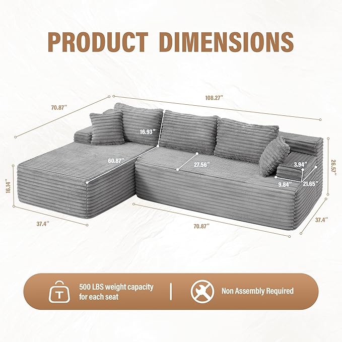 Hobestluk Modular Sectional Couch Sofa, 108" Boneless Couches for Living Room, Memory Foam Sectional Couch with Oversized Chaise,L-Shape Couches (Grey, Left Facing)