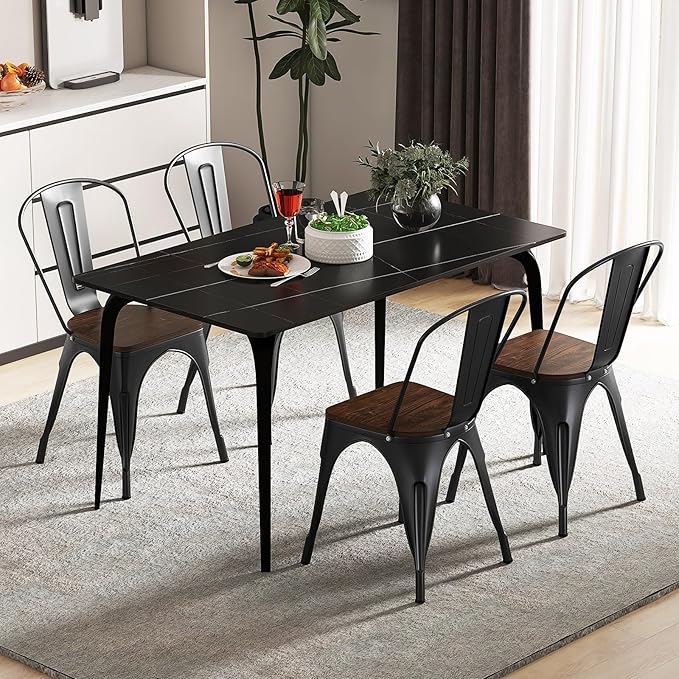 COSTWAY 18 Inch Dining Chair Set of 4, Industrial Vintage Stackable Metal Chairs, Counter Bar Chairs with High Backrest, Wood Seat, for Home, Kitchen and Cafe Bar Use
