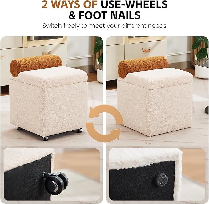 Boucle Vanity Chair with Storage, Swivel Makeup Vanity Chair with Wheels & Safety Hinge, Upholstered Vanity Stool Ottoman for Bedroom, Dressing Room, Beige