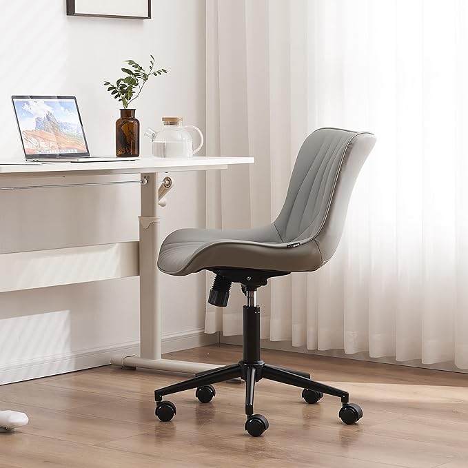 YOUNIKE Office Chair, Armless Desk Chair with Wheels, Adjustable Swivel Rolling Home Office Computer Task Chairs, Modern Faux Leather Upholstered Vanity Chair, Grey