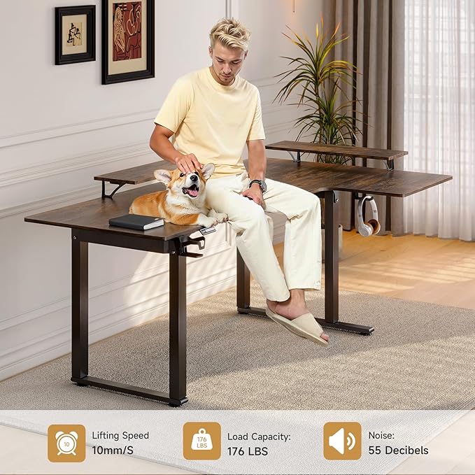 ONBRILL L Shaped Standing Desk, 71x43 Inch Electric L Stand Up Desk with 2 Adjustable Monitor Shelves and Dual Motor, Adjustable Height from 28-46'' for Home and Office, Rustic Brown