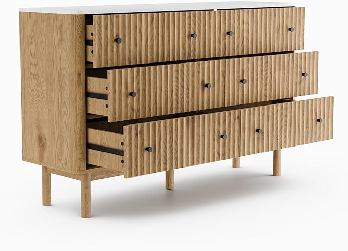 RECCI Fluted 6 Drawers Dresser for Bedroom, 54" Wide Chest of Drawers with 3D Fluted Panel, Faux Marble Top, Solid Wood Legs, Storage Drawers, TV Stand, Closet Chests for Bedroom, Natural Oak