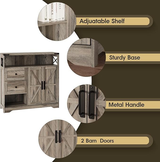 Fameill Farmhouse Storage Cabinet with Drawers and Open Storage,Freestanding Kitchen Pantry with 2 Barn Doors, Floor Cabinet with Adjustable Shelf for Living Room,Grey