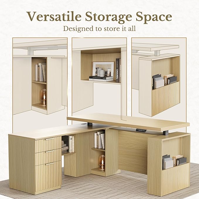 63 Inches L Shaped Standing Desk, Executive Standing Desk with Drawers and File Cabinet, AC/USB, 1.18" Desktop, Multi-sized Storage Cubby, Privacy Panel, Fluted Computer Desk, Light Walnut