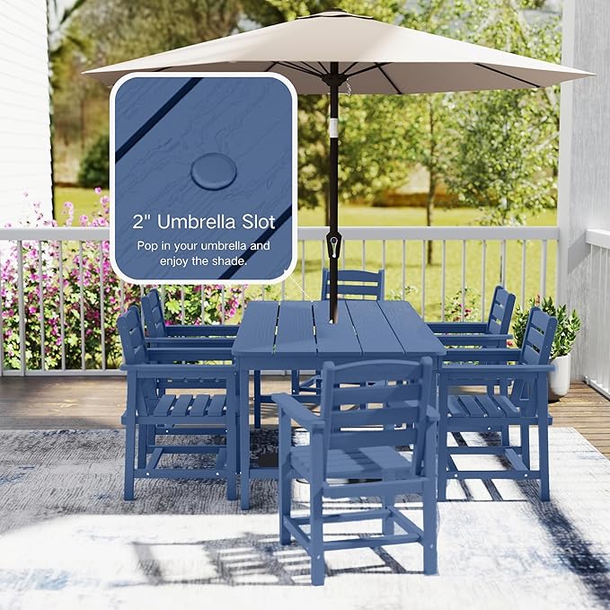 7 Piece Patio Dining Set with 11ft Patio Umbrella (Black), 7 Navy Outdoor HDPE Dining Set with 6 Chairs + 1 Large Table with 2" Umbrella Hole, for Market, Pool, Garden, Backyard, Deck