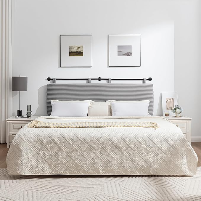 UEV Queen Headboard Only, Wall Mounted Hanging Upholstered Bed Head Board, Modern Vertical Channel Design of Fine Flannel, Elegant Grey Fluted Headboard for Bedroom (Grey, Queen Size)