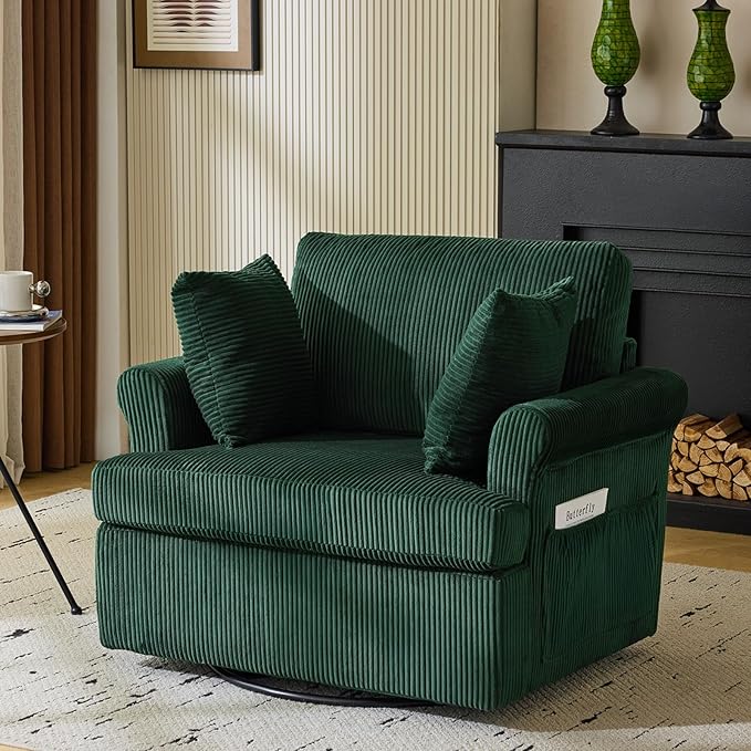 Karl home Swivel Accent Chair Set of 2, 39" Oversized Armchair W/2 Pillows and 4 Pockets,Modern Corduroy Barrel Chairs,Comfy Single Sofa for Living Room,Reading,Bedroom and Office-Dark Green