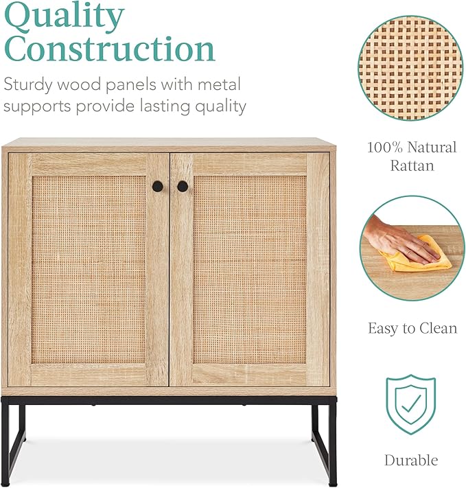 Best Choice Products 2-Door Rattan Storage Cabinet, Accent Furniture, Multifunctional Cupboard for Living Room, Hallway, Kitchen, Sideboard, Buffet Table w/Non-Scratch Foot Pads - Natural
