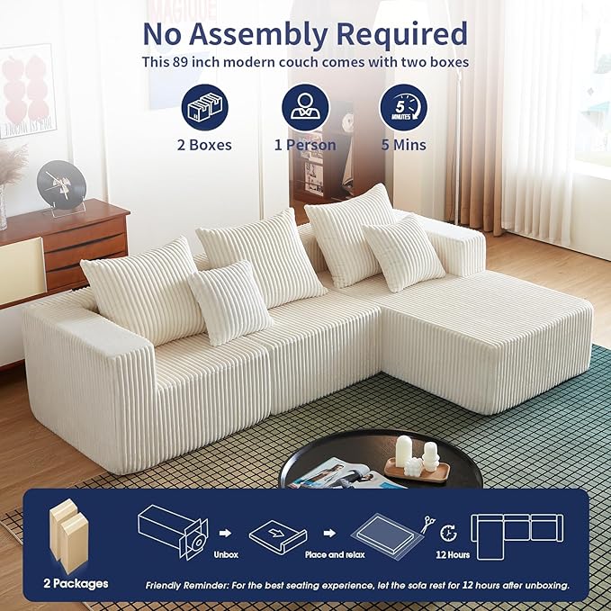 102" Modular Sectional Sofa for Living Room,Boneless Couch in A Box with Ottoman,Memory Foam Sectional Couches for Apartment,Cloud Couch No Assembly Required,Beige