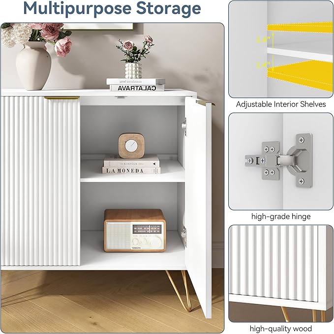 Storage Cabinet Set of 3, White Fluted Cabinet with Adjustable Shelves, Modern Coffee Bar for Kitchen, Living Room and Office