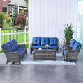 HUMMUH 7pcs Patio Furniture Set Swivel Rocker Patio Chairs,PE Wicker Outdoor Sofa Set of 2 with Coffee Table and Ottomans(Grey,Blue)