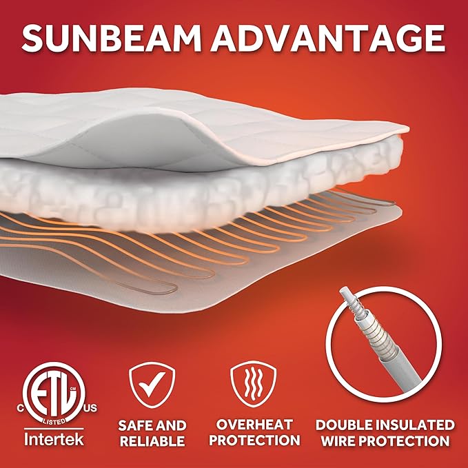 Sunbeam Electric Heated Mattress Pad Restful Quilted Extra-Cozy Fabric 12 Heat Settings 12-Hour Auto Shut-Off Deep Pocket Fit Machine Washable Full 75" x 54"