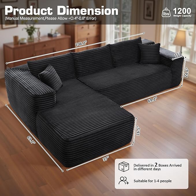 106" Cloud Sectional Couch with Chaise Lounge,L Shaped Modular Modern Sofa,Comfy Corduroy Fluffy Sofa with Deep Seat,No Assembly Required Couch for Living Room(Left,Plush Corduroy,Black)