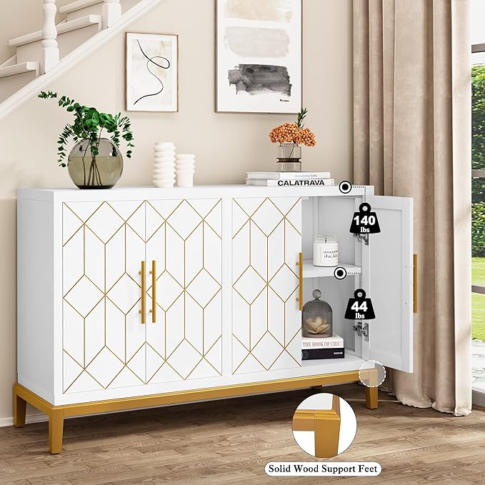 HLR Accent Cabinet with 4 Doors&Shelves, Sideboard Buffet Cabinet with Gold Trim, Modern White Storage for Living Room, Entryway, Kitchen, Dining Room, Hallway