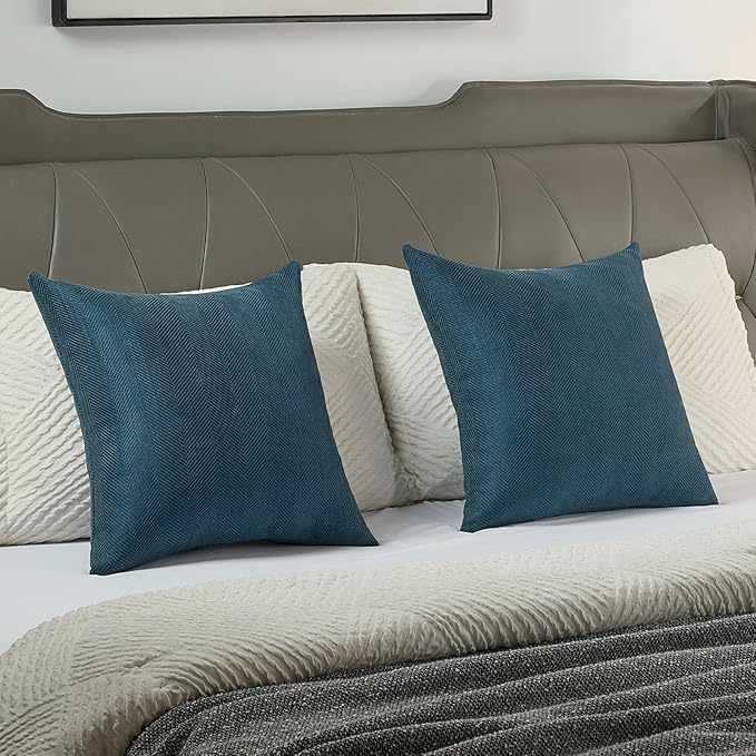 FUTEI Navy Blue Chenille Throw Pillow Covers 24x24 Inch Set of 2,Soft Wide Chevron Textured European Pillow Shams,Farmhouse Home Decor for Couch Bed Living Room