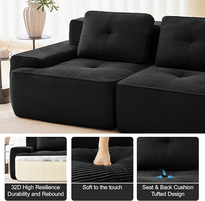 80.3” Black Boneless Couches for Living Room, Modular Sectional Sofa, 2 Seater Comfy Upholstered Loveseat Deep Seat Corduroy Fabric Cloud Couch No Assembly, Anti-Slip Design