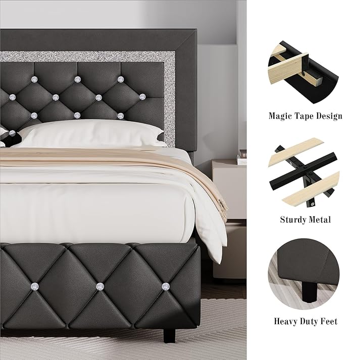BarnFurin Full Bed Frame with Diamond Tufted Headboard, Faux Leather Upholstered Bed with Wooden Slats Support, No Box Spring Needed, Mattress Foundation, Easy Assembly, Gray