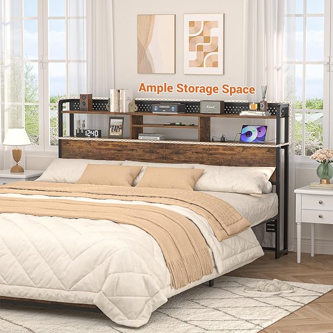 Unikito Headboard for King Size Bed with Storage Shelf, Head Board with 3 Outlets and 2 USB Ports, Headboards with RGB LED Light, Height Adjustable, Sturdy and Stable, Easy Assembly, Rustic Brown