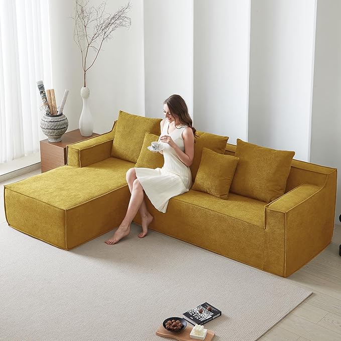 Boneless Cloud Sectional Couch, Modular Sectional Sofa with L-Shaped Lounge Chair, Soft Cloud Couch Memory Foam Sofa for Living Room, No Assembly Required (Orange, Velvet)